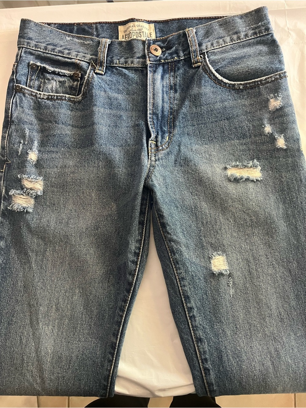 Aeropostale Men's Distressed Medium Blue Slim bootcut Jeans